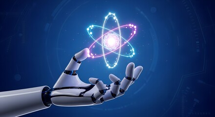 Robotic hand holding a glowing atomic symbol representing science technology and innovation with a dark blue background