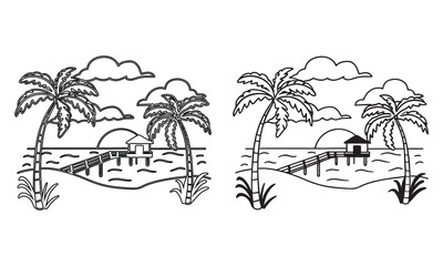 Tropical Sunset Silhouette: A vibrant sunset scene with palm trees silhouetted against a radiant, layered sky, capturing the essence of a tranquil tropical escape