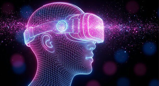 Futuristic digital human head wearing vr headset with glowing neon light particles emanating from eyes and head