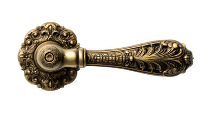 An ornate door handle made of brass, on a generic front door, isolated on a Transparent background