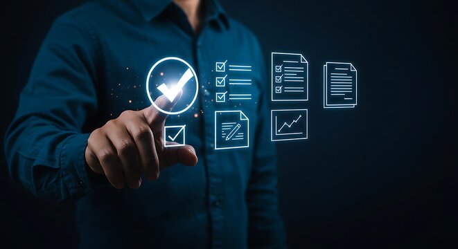 Man completing tasks with digital checklist on virtual screen