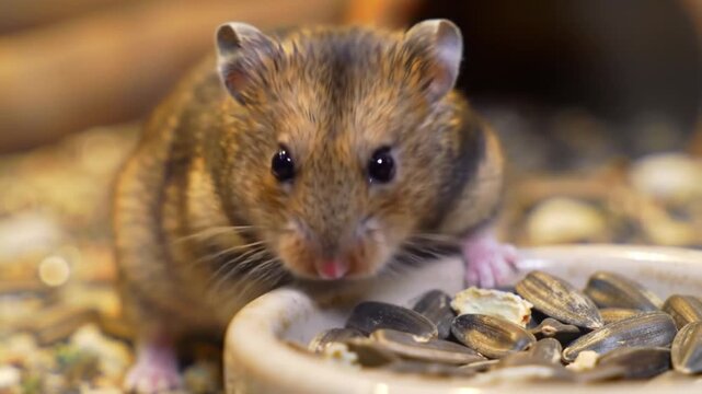 Adorable Hamster Nibbling on Sunflower Seeds in Close-Up