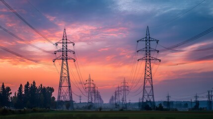 Fototapeta premium High Voltage Power Transmission Towers and Electric Lines at Sunset, Energy Infrastructure and Electricity Distribution Network