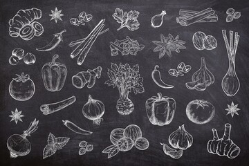 Various of spices seamless set on black background. Sketch of herbs and spices on chalk board. Line art of spices and herbs on black board © Wiwi