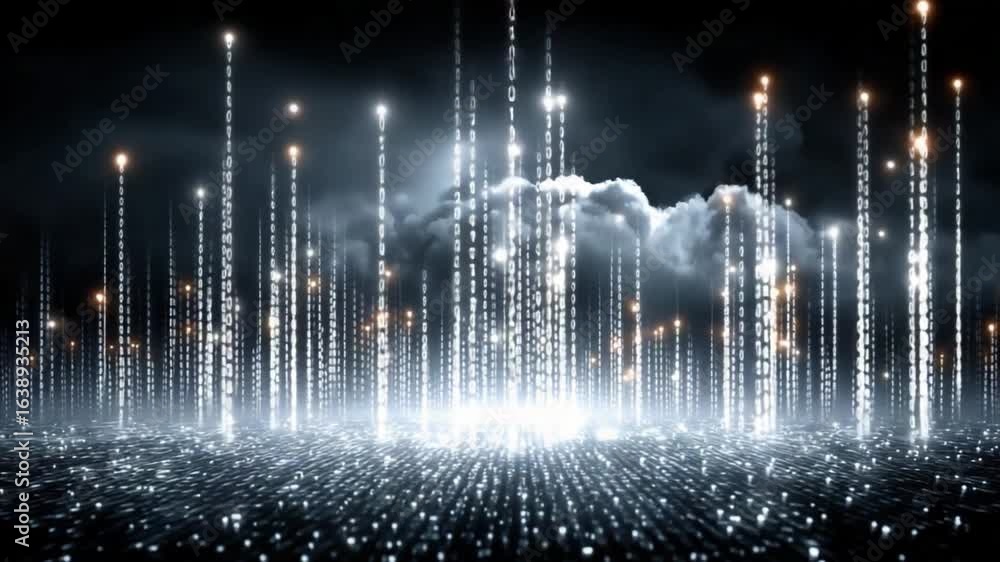 Poster cyber cloud ascent: a captivating digital art piece visualizing the cloud, with illuminated data str