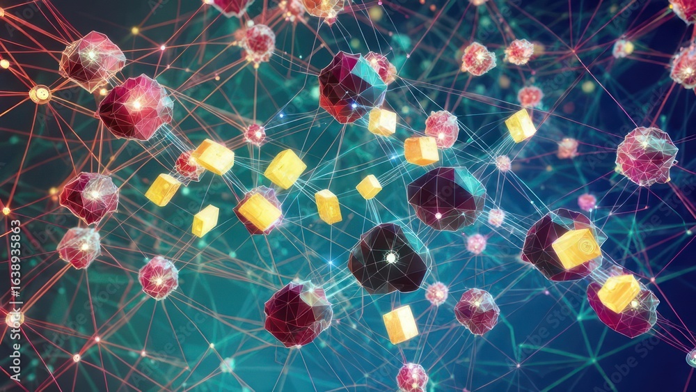 Poster abstract 3d network of geometric shapes with glowing lines and lights