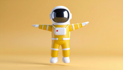 Cute Yellow Astronaut Toy Floating in Minimalist Space Scene
