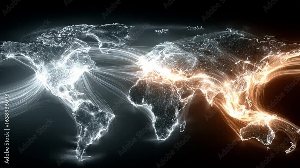 Poster global connections illuminated: a mesmerizing digital artwork showcasing the world map, interwoven w