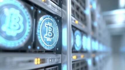 Bitcoin Mining Server Farm: An array of servers is illuminated by glowing Bitcoin symbols in a data center. The scene suggests the computational power behind modern cryptocurrency. - Powered by Adobe