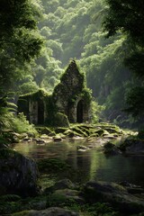 Obraz premium Ruined chapel nestled in a lush, verdant forest beside a tranquil stream.