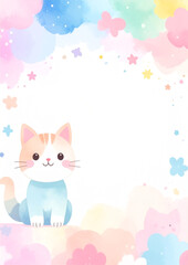A4-sized paper templates with adorable cartoon cat designs. Each page features a different layout with soft pastel colors, cute illustrations of cats, and playful borders, perfect for children's