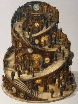 Photorealistic depiction of a spiral staircase made of antique clocks, each step representing a decade of life, with figures ascending and descending, golden light