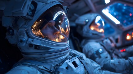 Obraz premium Close-Up of Astronauts Inside Spacecraft Cockpit, Wearing Space Suits and Helmets During Space Mission Launch