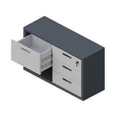 Isometric View of a Dark Gray Filing Cabinet with One Drawer Open