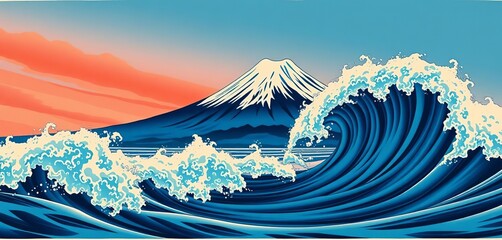 Majestic Mount Fuji reflected in a crashing wave, traditional Japanese woodblock style,  nature,  blue