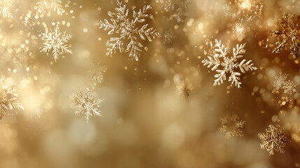 金色の雪の結晶とボケが舞う冬の背景
