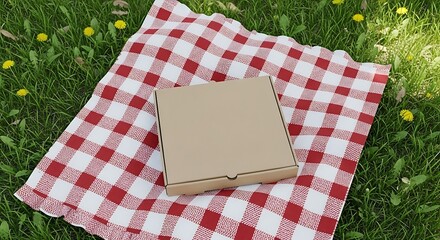 Fototapeta premium A closed cardboard pizza box rests on a red and white checkered blanket during a picnic on a green lawn.
