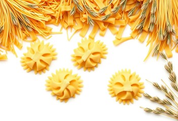 Obraz premium Rustic Italian pasta shapes resembling hay and straw on white background, uncooked pasta, dried