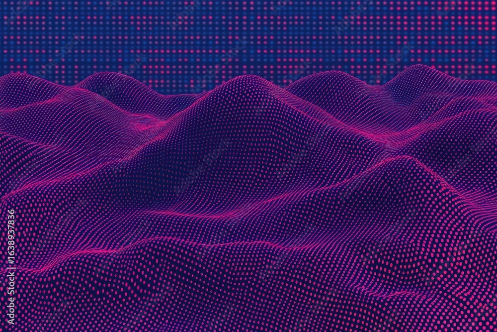 Poster abstract digital landscape of undulating magenta and dark blue hills composed of tiny dots, against 