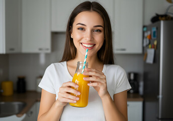 Fototapeta premium Smiling Woman in Kitchen Drinking Orange Juice from Bottle with Straw, Healthy Lifestyle and Wellbeing.
