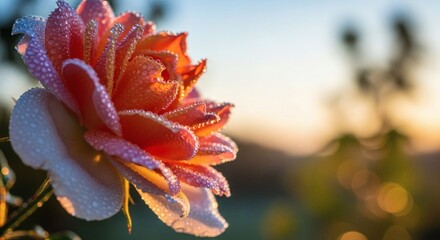 A Dew-Kissed Rose Glistening with Jeweled Droplets in Golden Sunrise Light