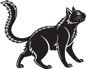 Black cat with bushy tail standing profile feline animal