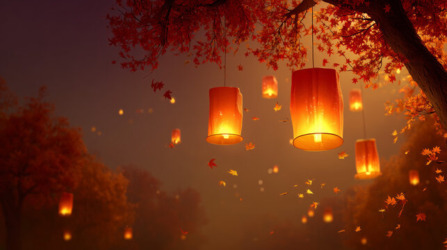 Lantern Festival Autumn, Deep crimson to golden amber gradient, 3D glowing lanterns floating into the evening sky