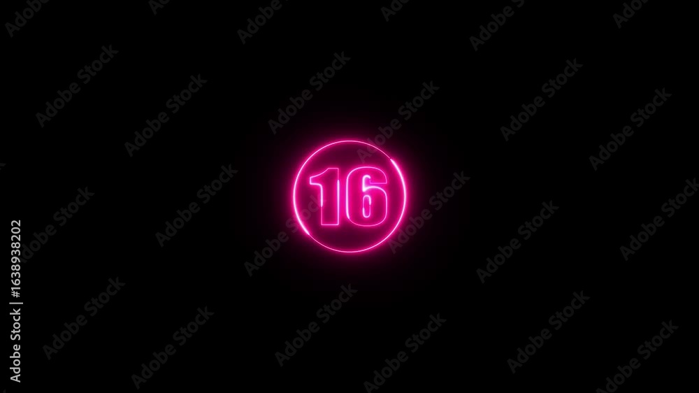 Poster glowing neon circle and number 16 animation on a black background. abstract glowing neon number 