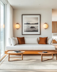 Obraz premium Modern living room with a minimalist style showcasing a serene view and elegant decor elements