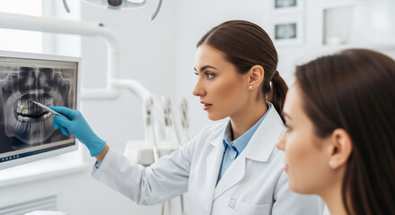 Female Dentist Explaining Dental X-Ray to Patient in Modern Clinic