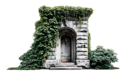 A stone archway entrance to an apartment building, partially obscured by climbing ivy, isolated on a Transparent background