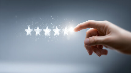 A hand is tapping the fifth glowing star in a row of five, representing a top rating.
