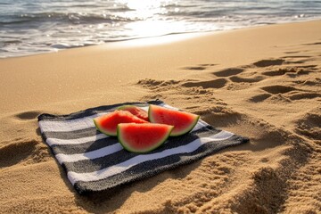 Four juicy watermelon slices rest on a black and white striped beach towel, positioned on a sandy beach at sunset with gentle ocean waves in the background