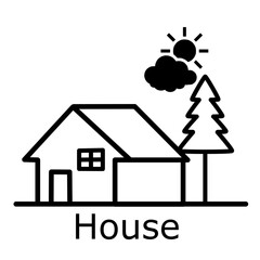 Simple House with Sun and Tree Line Icon
