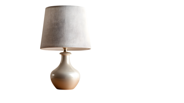 A table lamp with a soft fabric shade, unlit, on a bedside table, isolated on a Transparent background