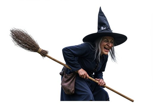 Cackling crone: A Halloween hag wielding her broom with malevolent glee