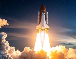 Space shuttle launching through clouds and into a starry night sky