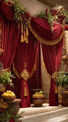 Fototapeta premium Rich red velvet drapes adorned with golden tassels for a festive backdrop
