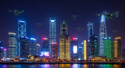 Obraz premium City skyline illuminated at night with drones flying above the skyscrapers and water reflection below