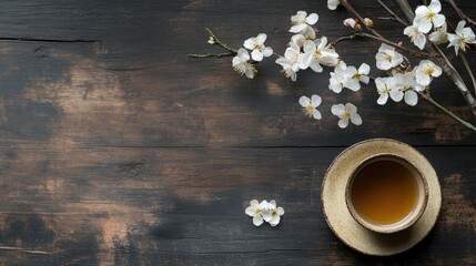 Teacup and blossoms on dark wood