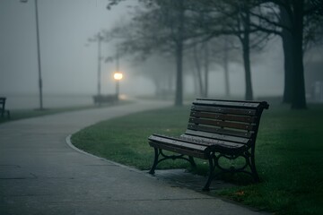 Empty park bench on a foggy morning with a glowing lamppost