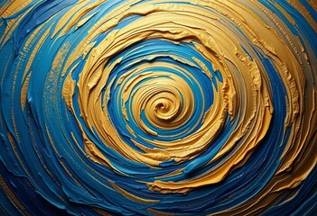 Swirling vortex of blues and golds, thick impasto texture,  vibrant,  expressive