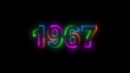 Glowing neon 1967 neon line text. Abstract 1967 neon text animation, Glowing neon number text background 4k video animation . black background.