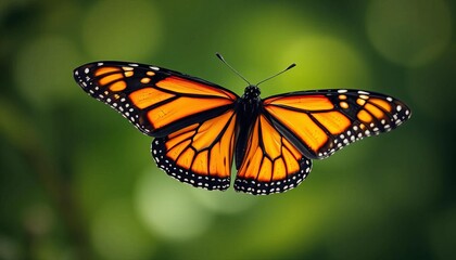 Obraz premium Graceful monarch butterfly in mid-air, wings spread wide, flora, air