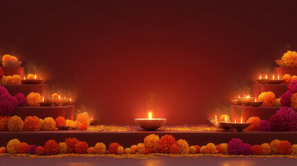 Nine Nights Hindu Festival, saffron to crimson gradient background, 3D glowing diyas and marigold decorations on temple steps