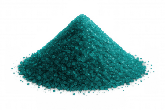 Crystalline copper sulfate pentahydrate forming vivid blue crystal mound, standing against transparent backdrop