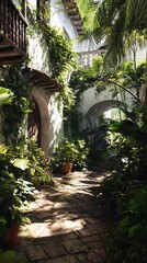Sunlit courtyard pathway lined with lush greenery.