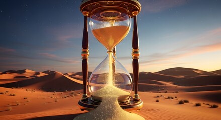 Hourglass in the Desert at Sunset, Time Passing Symbolized by Sand and Dunes, Representing Change and Mortality with Beautiful Scenery