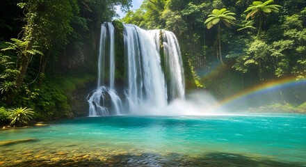 Turquoise Waterfalls of Costa Rica with Lush Rainforest, Majestic tropical waterfall landscape with vibrant colors and rainbow in Central America