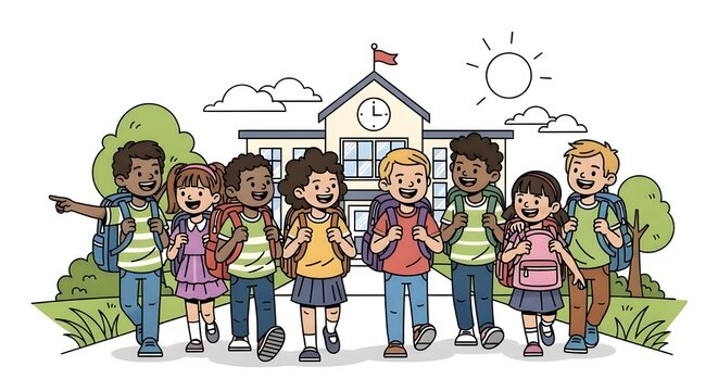 Diverse Group of Children Going to School | Cartoon Illustration of Happy Students Walking to School Building for Education and Back to School Marketing